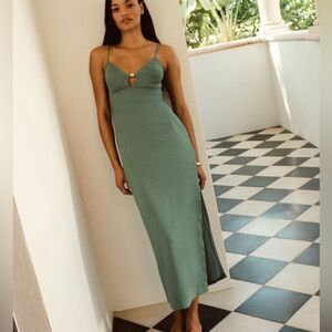 ABERCROMBIE & FITCH Linen Cutout Midi Dress Deep Sage SIZE XL